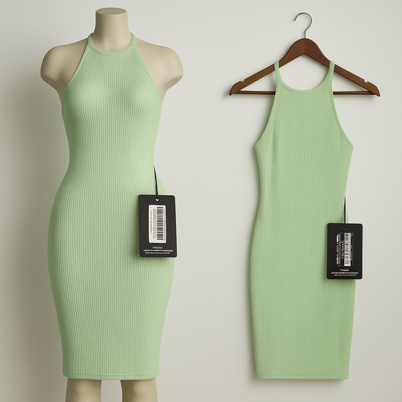 Mint Green Fine Knit Halterneck Midi Dress - Picture 1 of 4